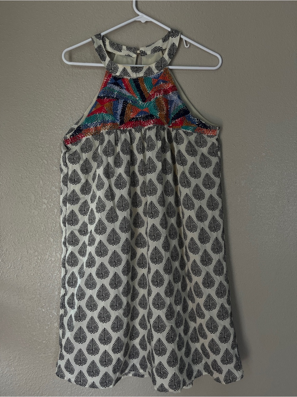 THML White Mini Dress with Black Leaf Print and Multicolor Embroidered Yoke